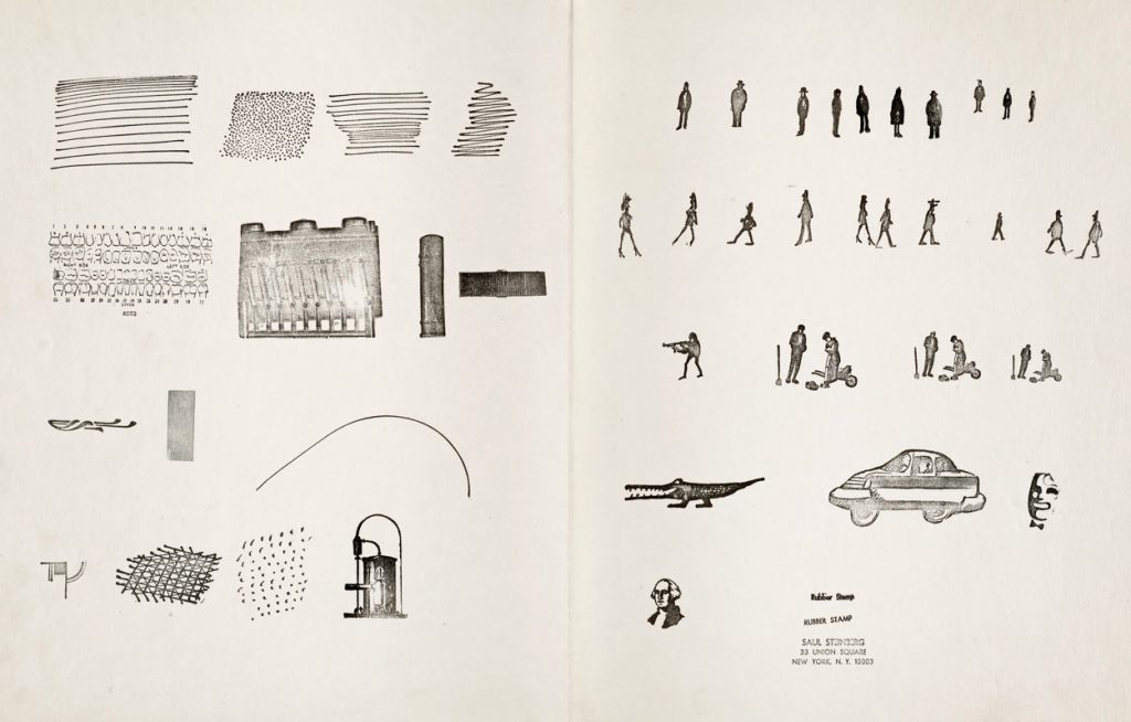 Two pages from Steinberg’s inventory of custom-made rubber stamps, c. 1965-70. 14 ½ x 23 each. The Morgan Library & Museum; Gift of The Saul Steinberg Foundation.