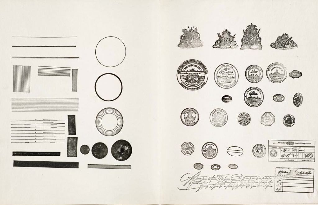 Two pages from Steinberg’s inventory of custom-made rubber stamps, c. 1965-70. 14 ½ x 23 each. The Morgan Library & Museum; Gift of The Saul Steinberg Foundation.