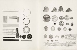 Two pages from Steinberg’s inventory of custom-made rubber stamps. 14 ½ x 23 each. The Morgan Library & Museum; Gift of The Saul Steinberg Foundation.