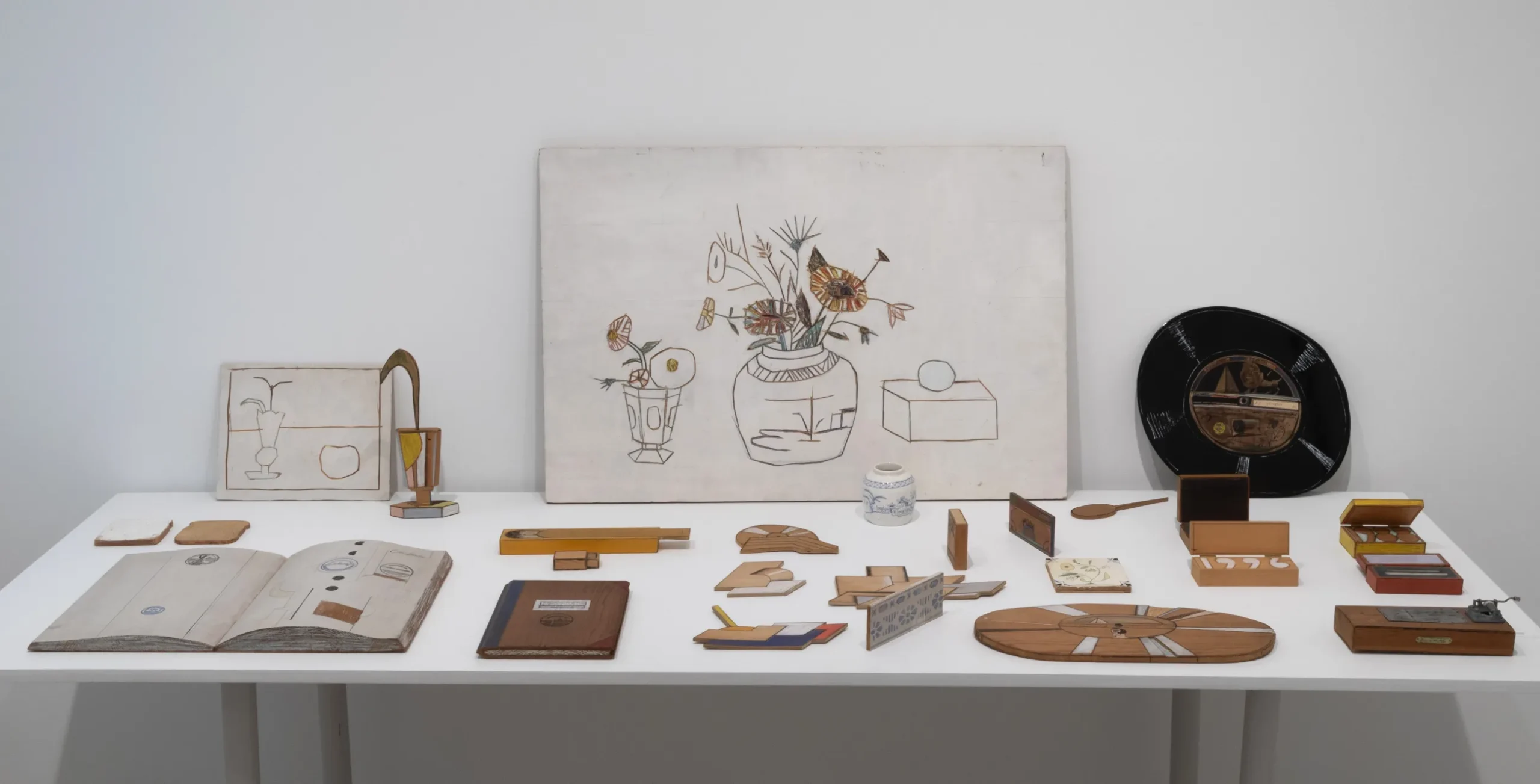 Collection of drawing, prints, and carved wood objects by Saul Steinberg