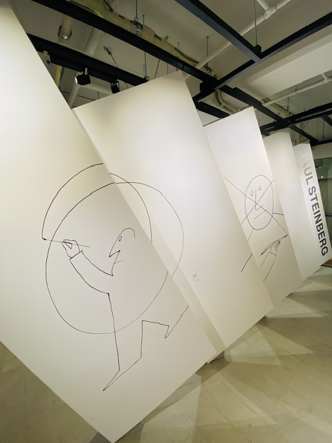 Saul Steinberg: Lines That Transform the Real World, exhibition at the ddd gallery in Kyoto, Japan. Tilted panels.