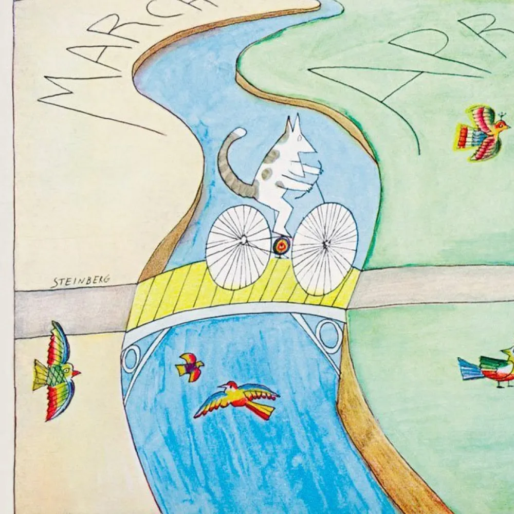Cat riding a bicycle over a bridge from March to April