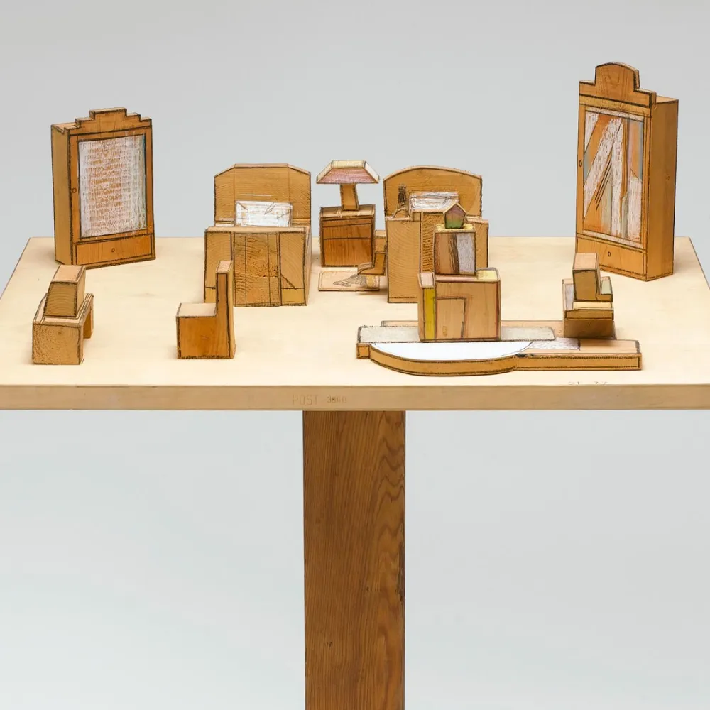 Miniature wooden block furniture.