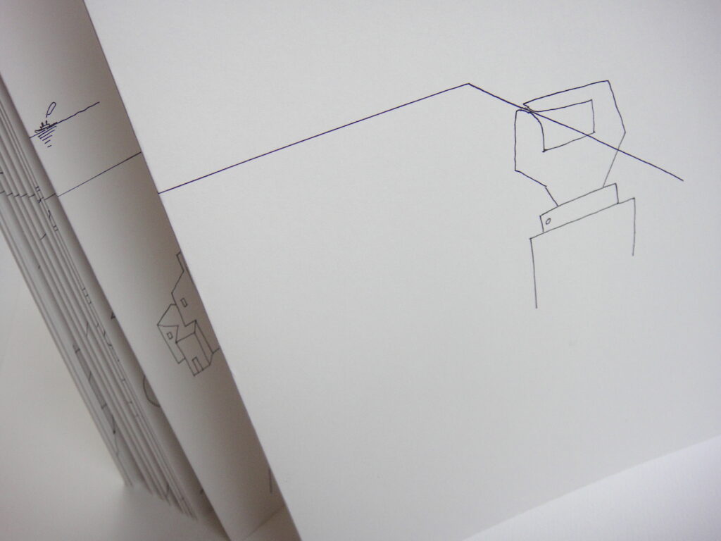 accordion book of "The Line" by Saul Steinberg, showing end of the line, which turns out to be the author's hand with a pencil drawing the line.