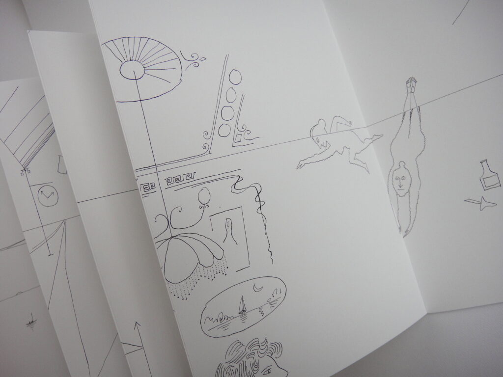 accordion book of "The Line" by Saul Steinberg, showing off some of the inside illustrations