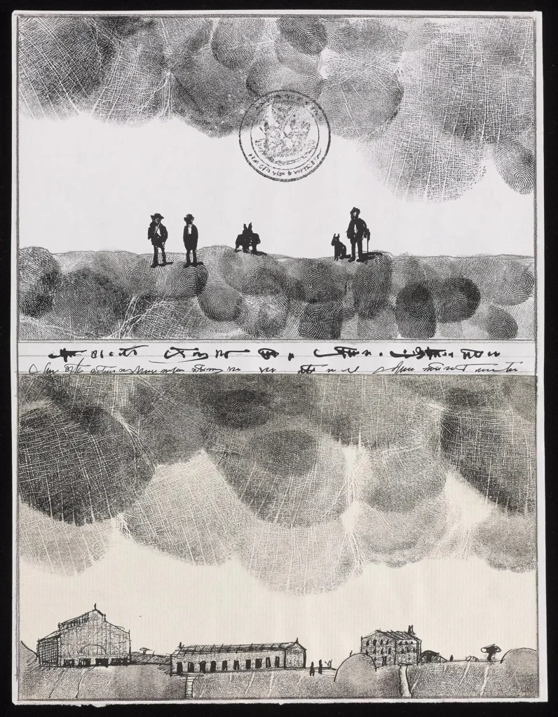Untilted, 1950-53. Finger- and palmprints, and ink on paper, 9 ¾ x 7 ½ in. Saul Steinberg Papers, Beinecke Rare Book and Manuscript Library, Yale University.
