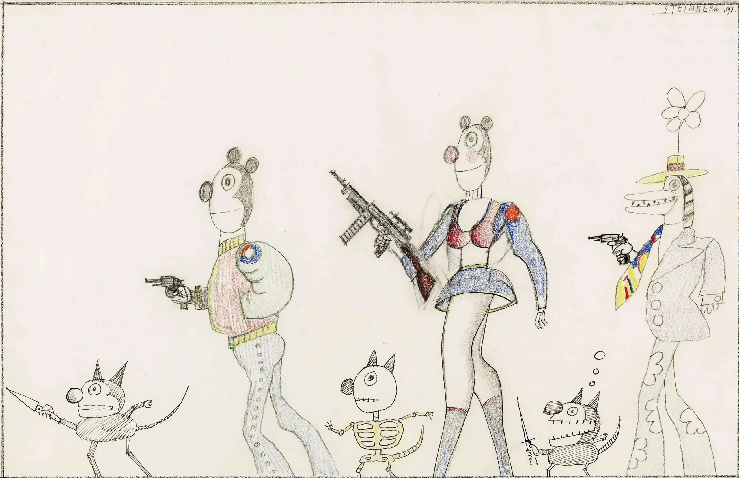 Original drawing for “The City” portfolio, <em>The New Yorker</em>, February 24, 1973. <em>Six Terrorists</em>, 1971. Colored pencil, pencil, and ink on paper, 14 x 20 in. Private collection