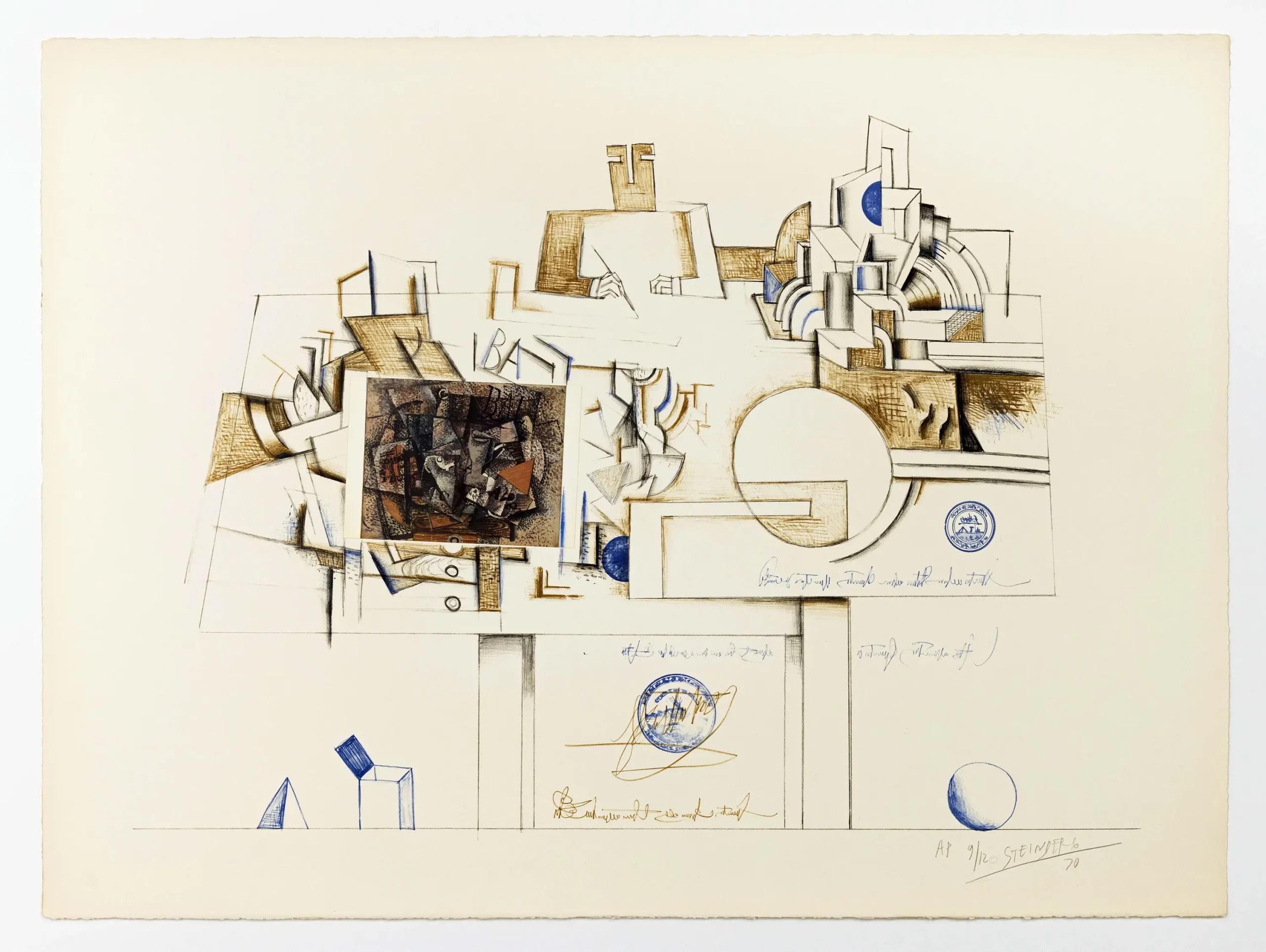 The Braque Postcard, plate 4 from the portfolio Six Drawing Tables, published by Abrams Original Editions, 1970. Lithograph on paper, 22 1/2 x 30 in. The Saul Steinberg Foundation.