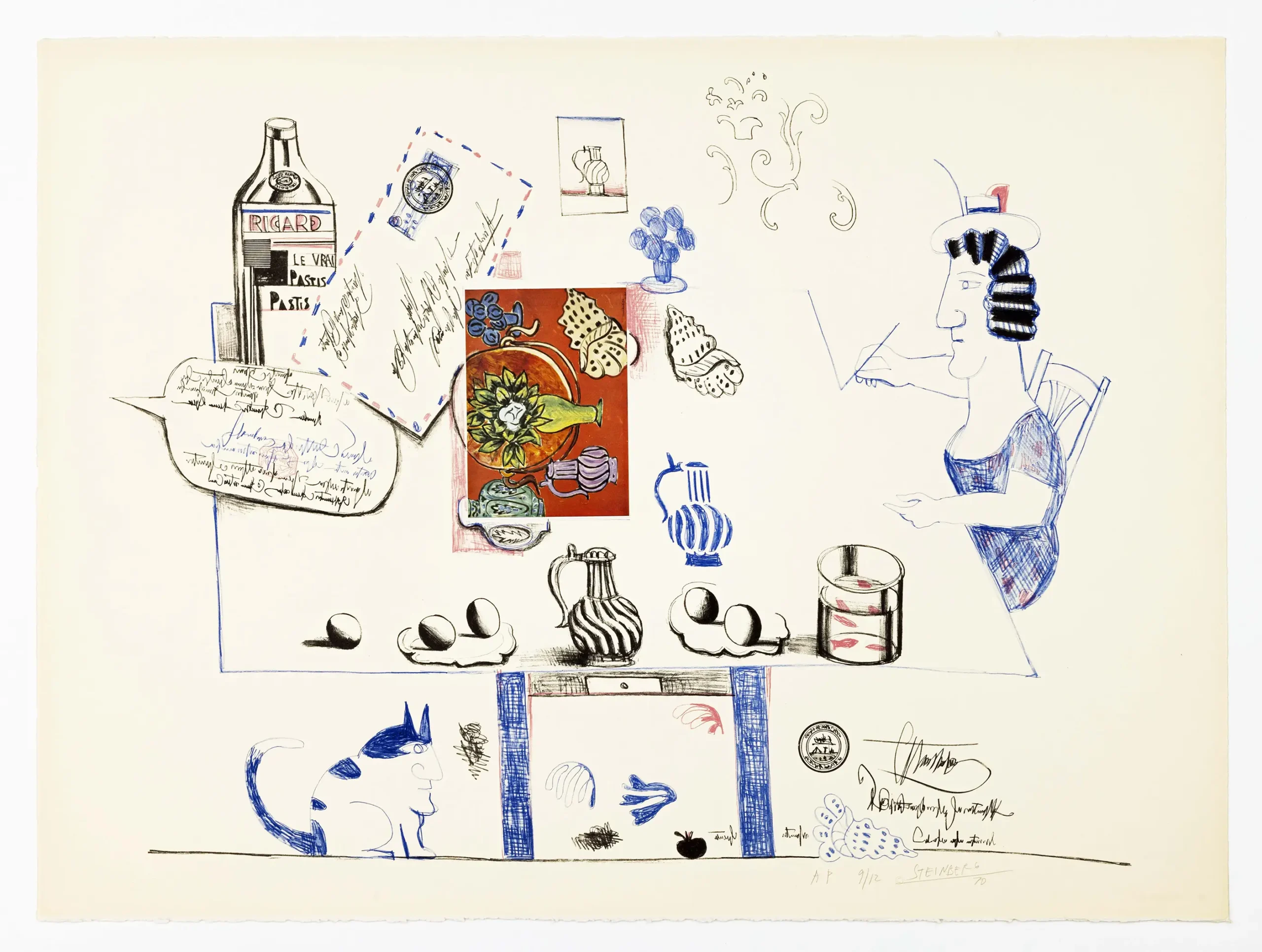The Matisse Postcard, plate 3 from the portfolio Six Drawing Tables, published by Abrams Original Editions, 1970. Lithograph on paper, 22 1/2 x 29 ½ in. The Saul Steinberg Foundation.