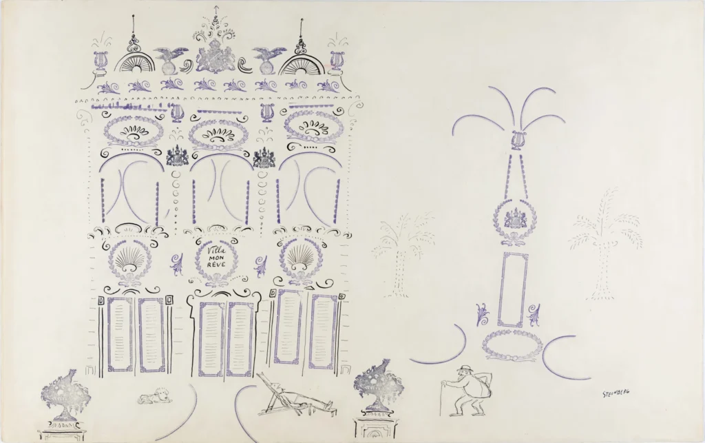 Villa Mon Rêve, 1950-52. Ink and rubber stamp on paper, 14 ½ x 23 1/8 in. Norton Museum of Art, West Palm Beach, Florida; Gift of The Saul Steinberg Foundation.