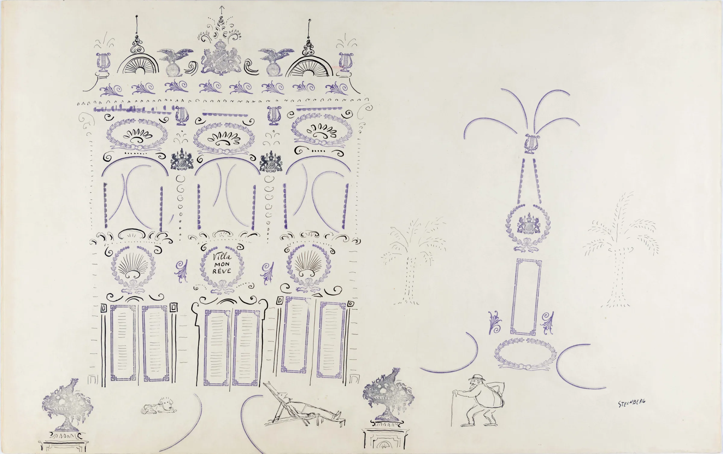 Villa Mon Rêve, 1950-52. Ink and rubber stamp on paper, 14 ½ x 23 1/8 in. Norton Museum of Art, West Palm Beach, Florida; Gift of The Saul Steinberg Foundation.