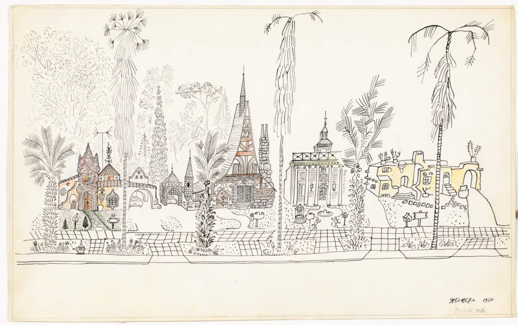 Beverly Hills, 1950. Ink and watercolor on paper, 14 ½ x 23 ¼ in. Art Institute of Chicago; Gift of The Saul Steinberg Foundation.
