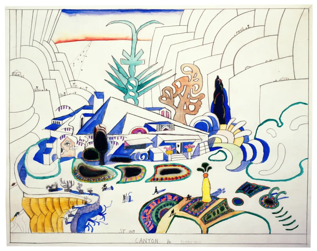 Canyon Drive, Beverly Hills, 1989. Colored pencil, pencil, and watercolor on paper, 22 7/8 x 28 7/8 in. Private collection.