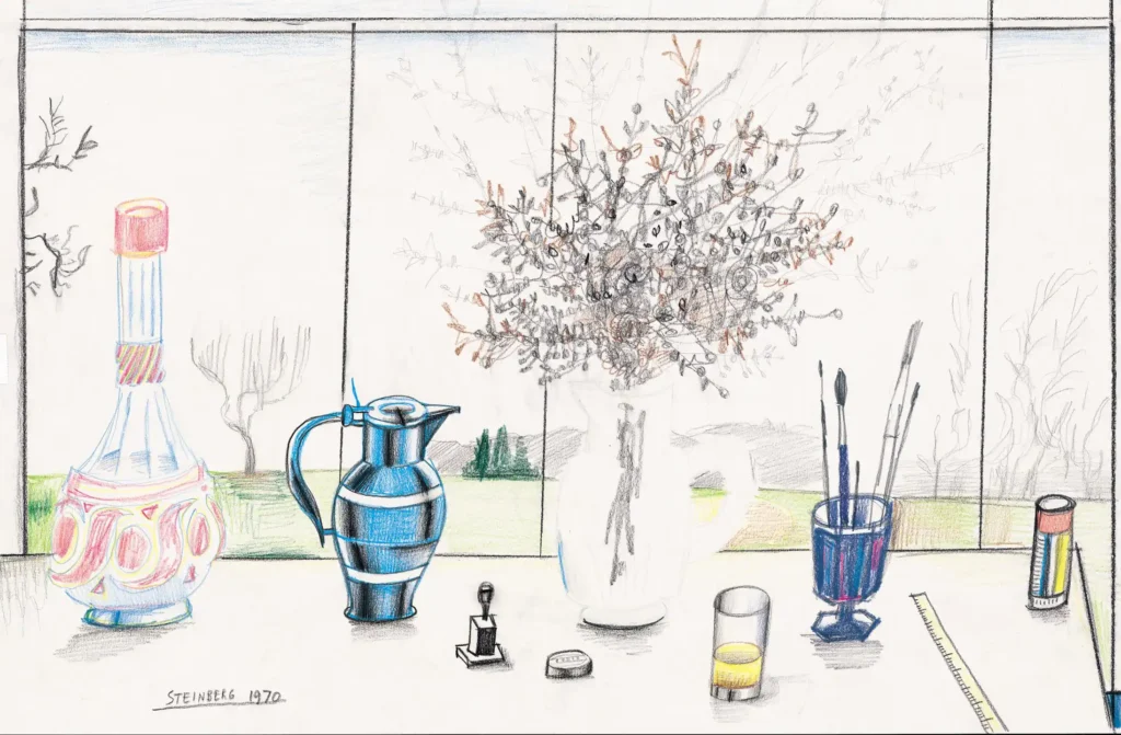 Country Still Life, 1970. Crayon and pencil on paper, 14 ½ x 23 in. Parrish Art Museum, Water Mill, New York; Gift of The Saul Steinberg Foundation.