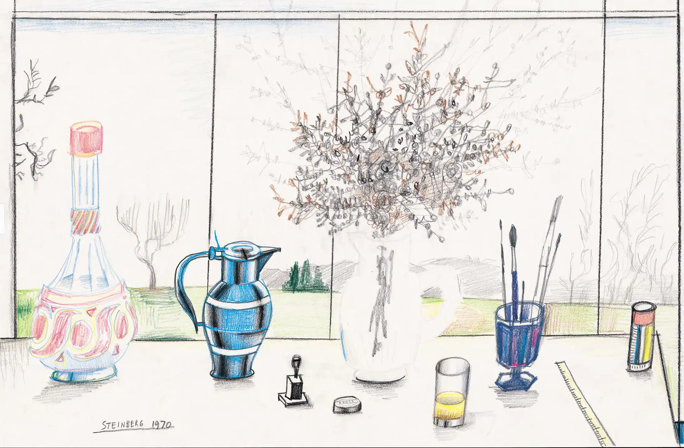 Country Still Life, 1970. Crayon and pencil on paper, 14 ½ x 23 in. Parrish Art Museum, Water Mill, New York; Gift of The Saul Steinberg Foundation.