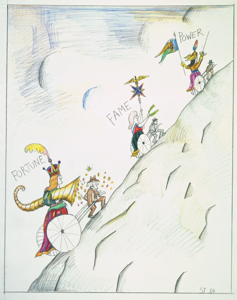 Fortune, Fame, Power, 1984. Pencil, colored pencil, and crayon on paper, 22 3/8 x 15 ¼ in. Private collection. Originally published in The New Yorker, March 14, 1994 in the portfolio “Onward.”