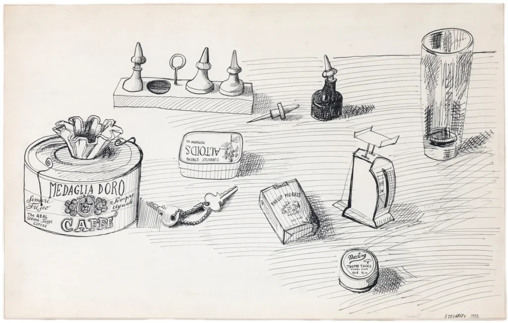 Medaglia d’Oro Still Life, 1952. Ink on paper, 14 ½ x 23 in. Private collection.