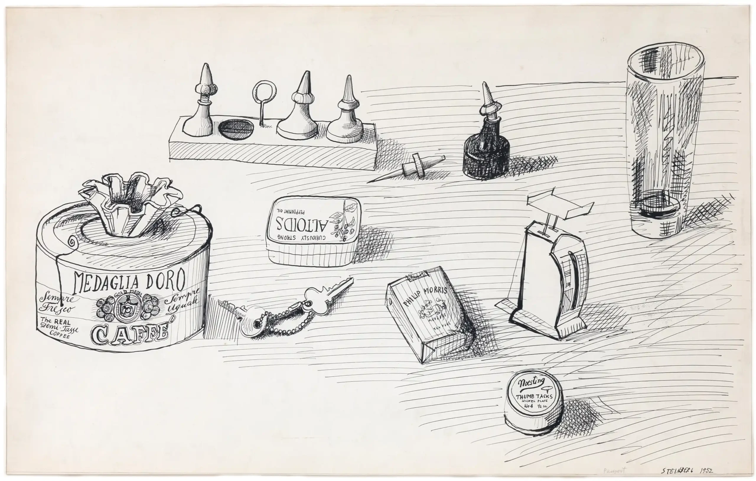 Medaglia d’Oro Still Life, 1952. Ink on paper, 14 ½ x 23 in. Private collection.