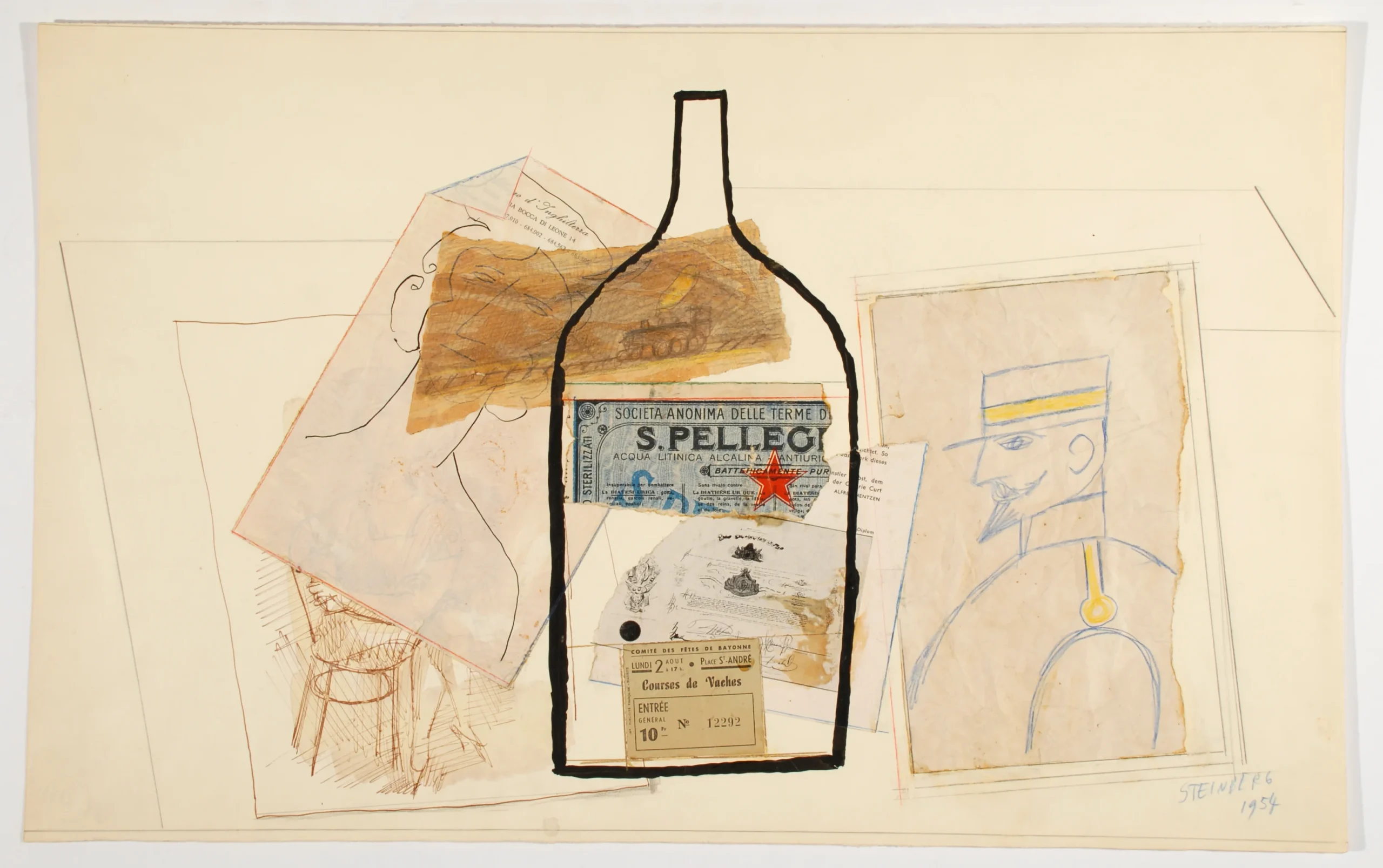 Untitled, 1954. Ink, watercolor, colored pencil, and collage on paper, 14 ½ x 23 in. Biblioteca Nazionale Braidense, Grande Brera, Milan, Italy.