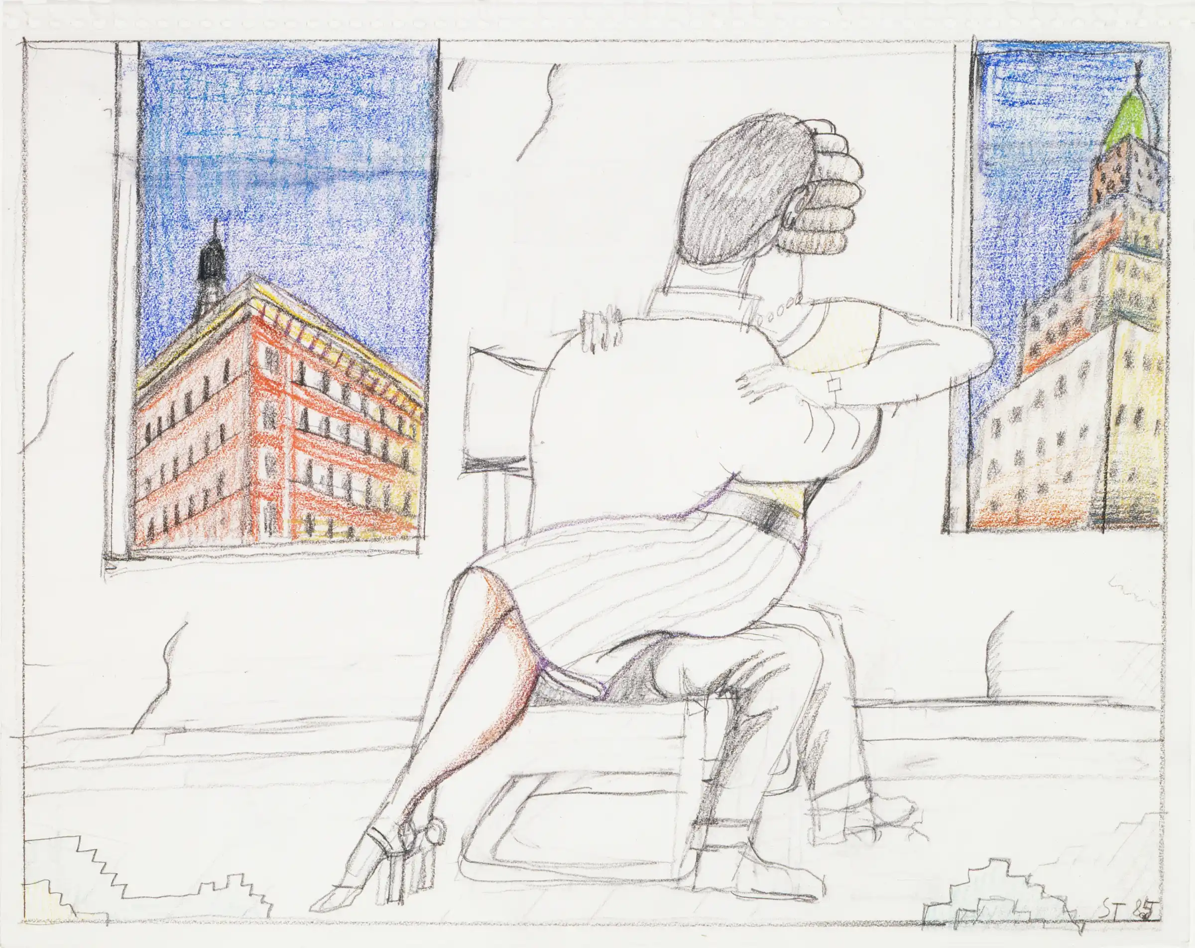 Soho Kiss, 1985. Pencil and crayon on paper torn from sketchbook, 11 x 14 in. Saul Steinberg Papers, Beinecke Rare Book and Manuscript Library, Yale University. Originally published in The New Yorker, February 20-27, 1995, in the portfolio “Couples.”