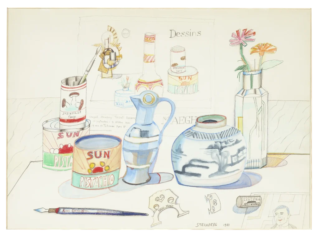Still Life with Poster, 1981. Watercolor, colored pencil, and pencil on paper, 22 x 30 in. Private collection.