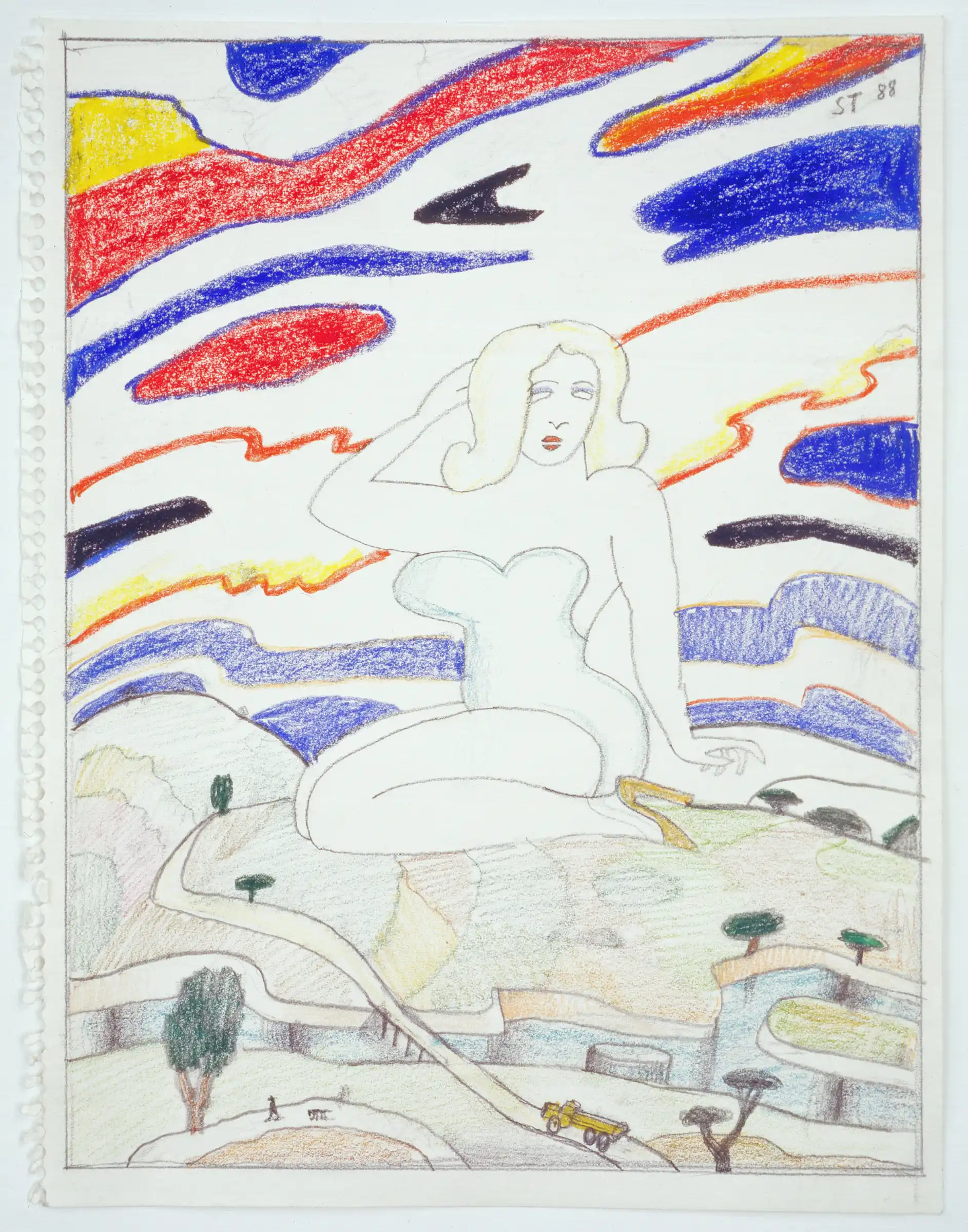 Untitled, 1988. Pencil, crayon, and colored pencil on paper, 14 x 11 in. Saul Steinberg Papers, Beinecke Rare Book and Manuscript Library, Yale University. Originally published in The New Yorker, March 14, 1994 in the portfolio “Onward.”