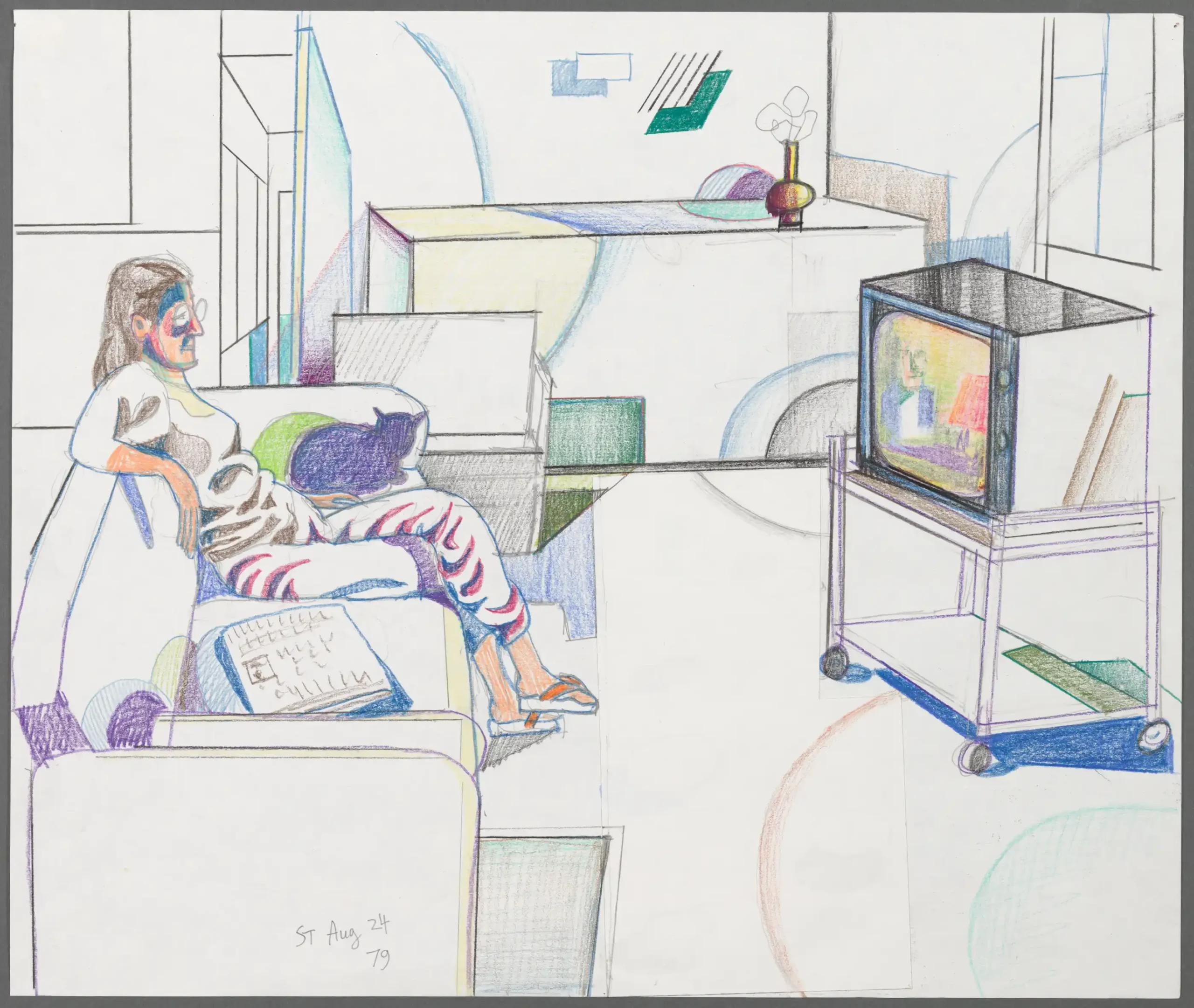 Watching TV, 1979. Pencil, colored pencil, crayon, and collage on paper, 13 ¾ x 16 ½ in. New York Public Library; Gift of The Saul Steinberg Foundation.