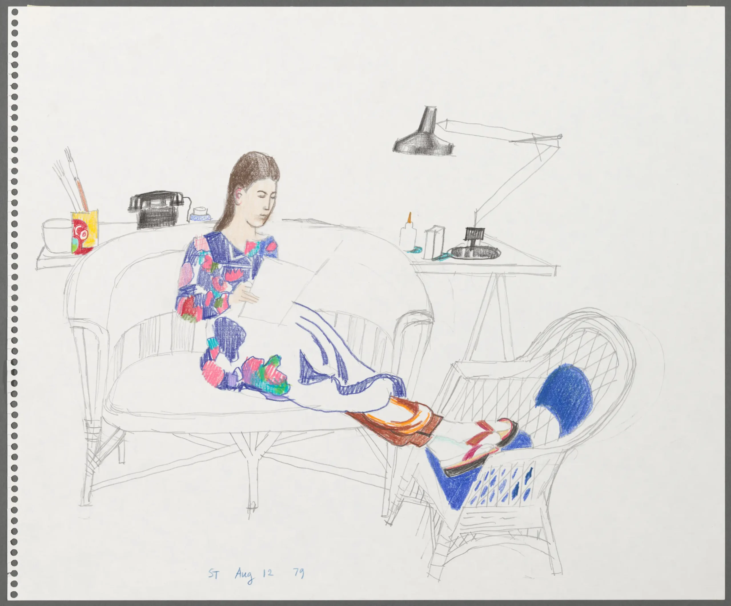 Wicker Divan, 1979. Pencil, colored pencil, and conté crayon on paper, 13 ¾ x 16 ½ in. New York Public Library; Gift of The Saul Steinberg Foundation.