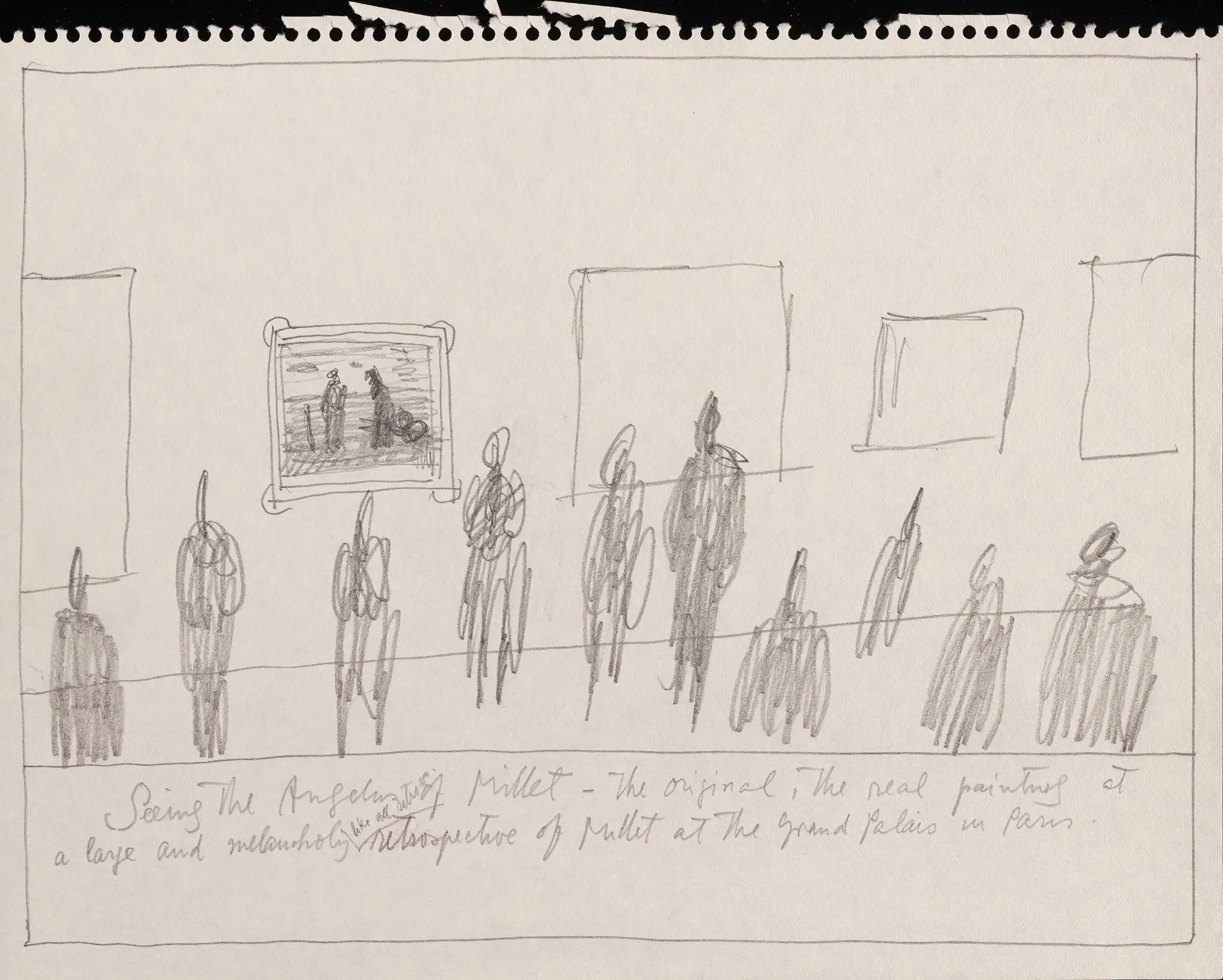 Ex-voto, after 1983. Pencil and pencil on paper, 10 3/4 x 14 in. Saul Steinberg Papers, Beinecke Rare Book and Manuscript Library, Yale University. Caption: “Seeing the Angelus by Millet – The original, the real painting at a large and melancholy <like all retrosp> retrospective of Millet at the Grand Palais in Paris."